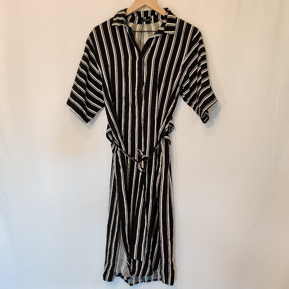 Decker Women's Black White Maxi Dress Striped Belt Shirtdress